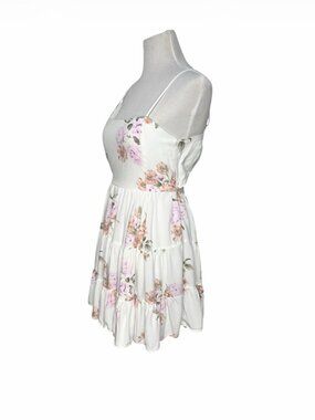 Streetwear Society Floral Mini Dress L Ivory Tiered Strappy Open Tie Back Womens